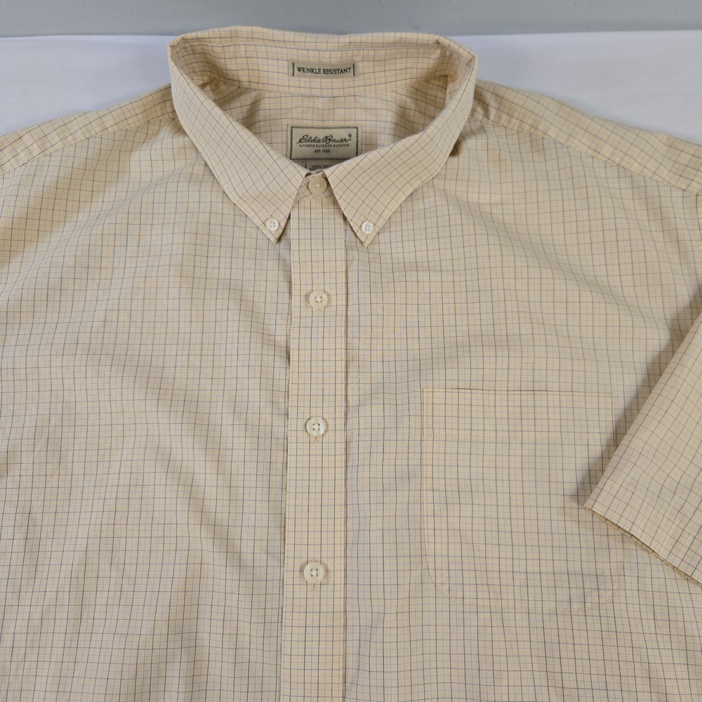 Eddie Bauer Mens Wrinkle Resistant Short Sleeve Dress Shirt Sz 3XLT Tan Plaid